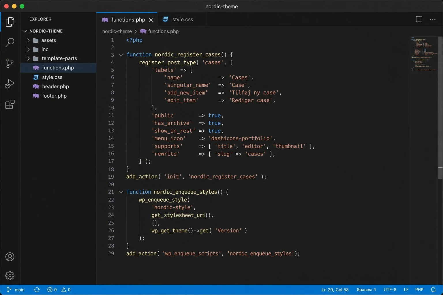 Kode-tilføjelse i functions.php i Visual Studio Code