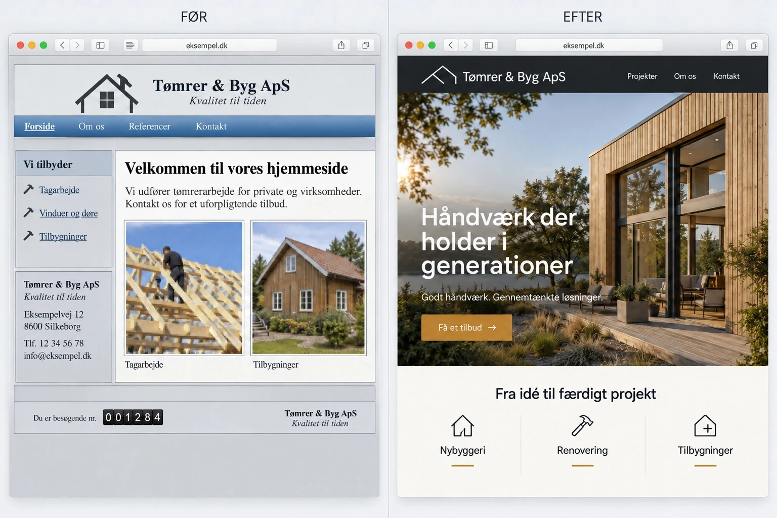 Før og efter: redesign af hjemmesiden for en tømrer i Silkeborg